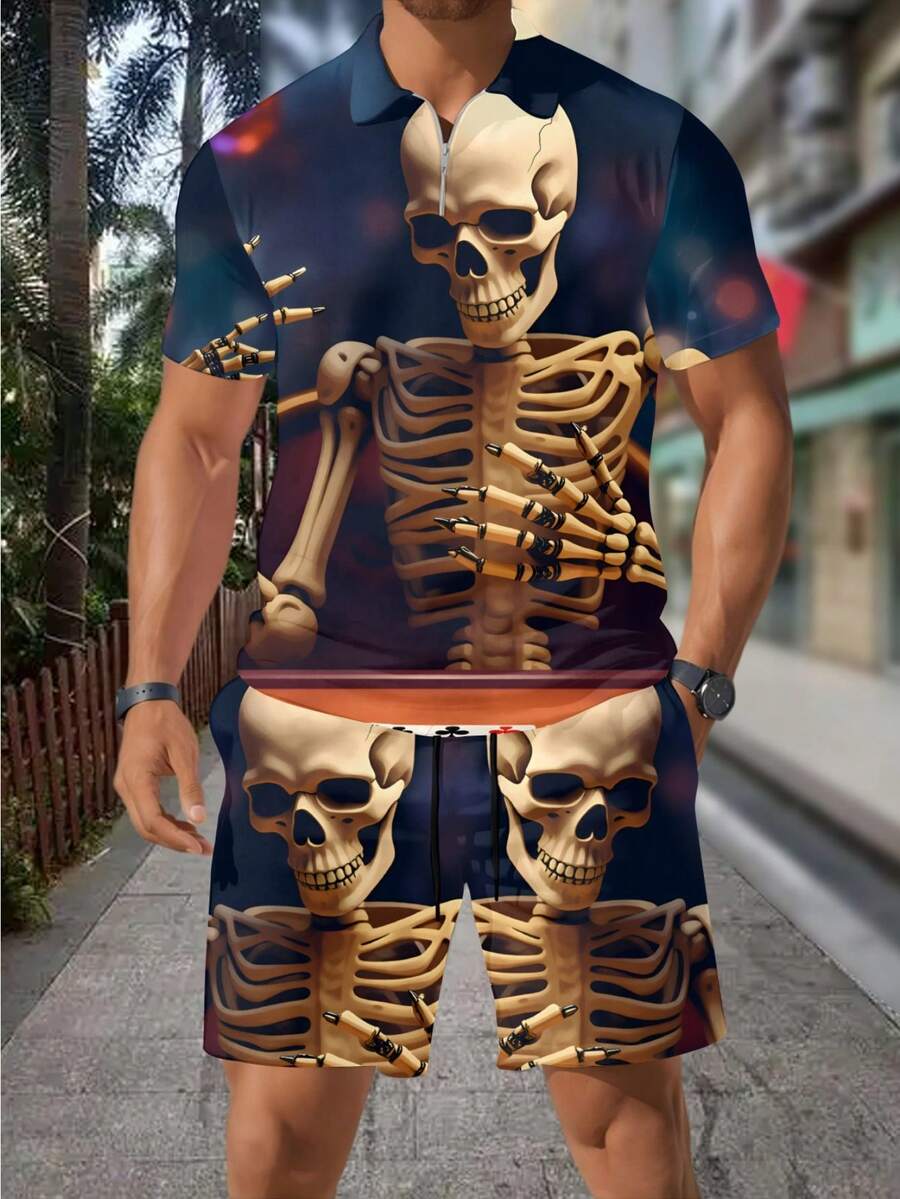 Men'S Fashion Polo Shirt - 3D Skull Skeleton Bullet Print Zipper