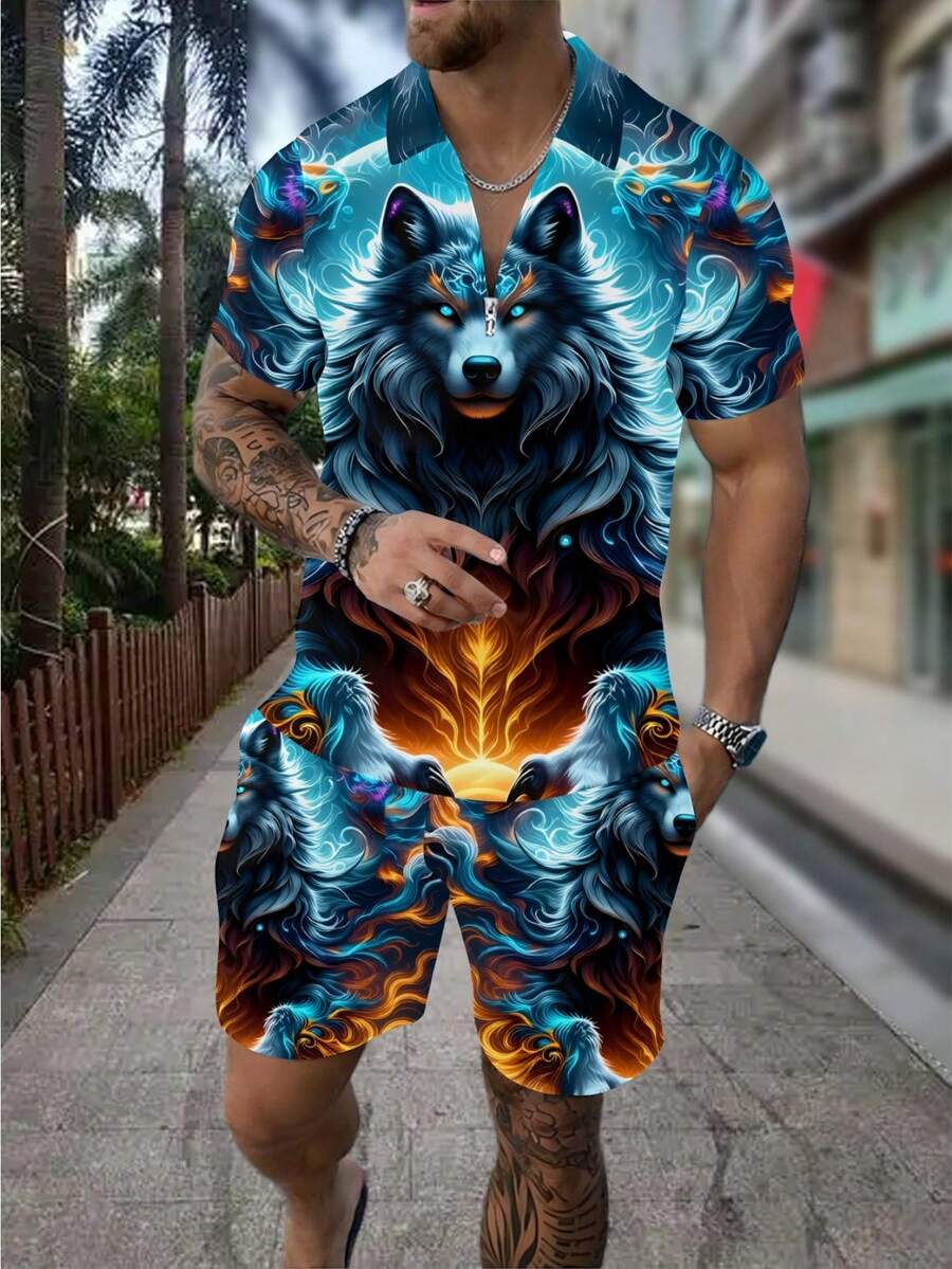 Men's Fashion 3D Wolf Print Zi - Men'S Fashion Polo Shirt 评论和价格