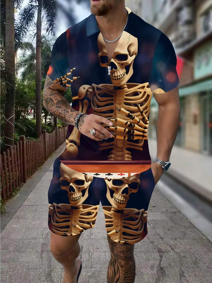 3D Skull Skeleton Bullet Print - Men'S Fashion Polo Shirt 评论和价格